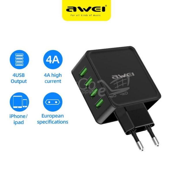شاحن حائط USB عالمي مدمج للغاية من Awei C-842 مع 4 مداخل يو اس بي 5 الخامس 4 أ