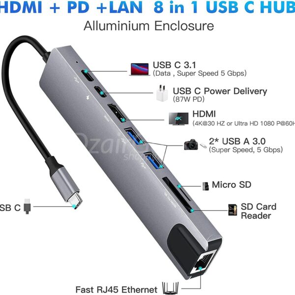 Adaptateur Hub 8en1 USB-C Type-C إلى HDMI/RJ45/2*Type-C/SD/Micro SD/2*USB 3.0 ماك بوك