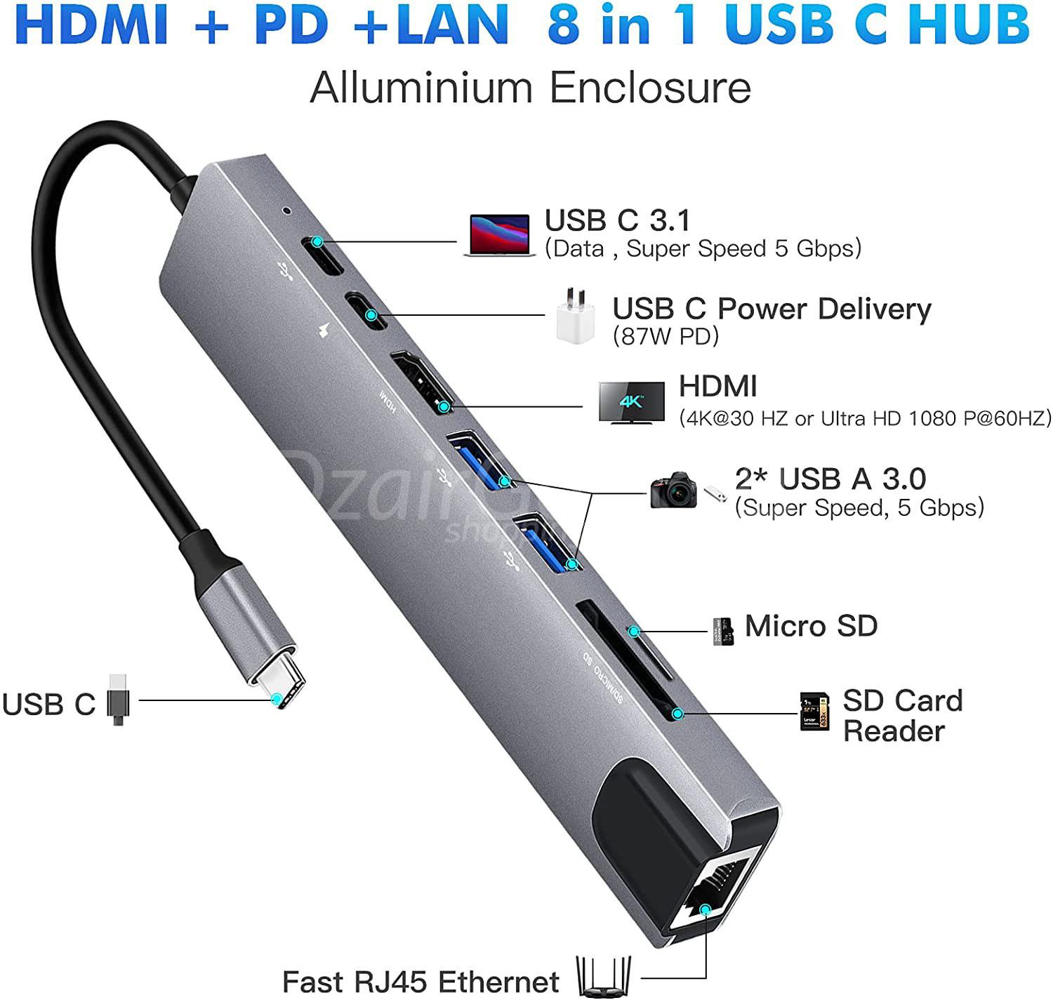 HUB-USB-C-Type-C-vers-HDMI-adaptateur-USB-3-0-8-en-1-station-d.jpg_Q90.jpgD/2*USBك بوك Adaptateur HUB 8en1 USB-C type-c to HDMI/RJ45/2*Type-C/SD/Micro SD/2*USB 3.0 MacBook - الصورة 1