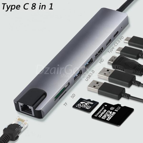 Adaptateur Hub 8en1 USB-C Type-C إلى HDMI/RJ45/2*Type-C/SD/Micro SD/2*USB 3.0 ماك بوك