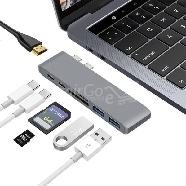 محول USB مزدوج من النوع C Hub 7 en 1, سدافي 7 en 1 موزع USB-C مزدوج مع قارئ بطاقات SD/TF HD 4K Adapt Thunderbolt HDMI 4K MacBook Type-C Hub