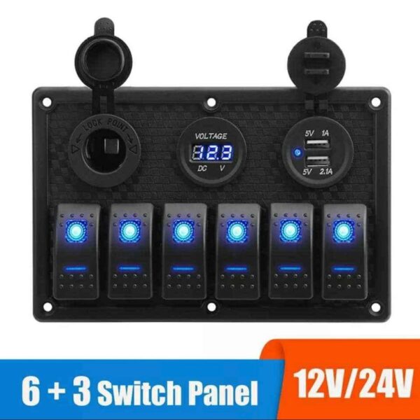 Panneau de commutation de voiture et bateau, voltmètre numérique étanche, port PD type c + USB 3.0 super fast pour touristes, sortie 12V / 24v , bascule LED BLOMarine, 6 gangs