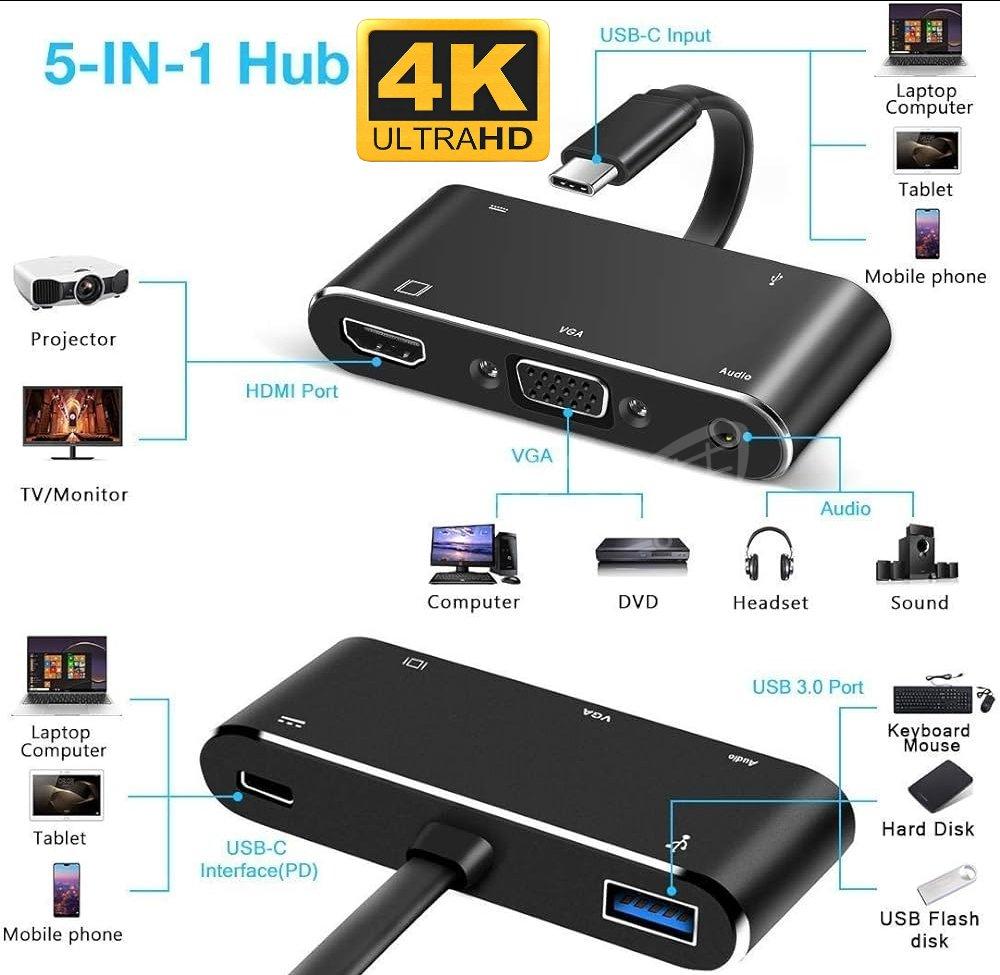 10000Adaptajpgr Hub 5-en-1 Type-C مقابل 4K HDMI/VGA/Audio/USB 3.1/PD فائق السرعة لجهاز MacBook iPad الذكي adaptateur Hub 5-en-1 Type-C vers 4K HDMI/VGA/Audio/USB 3.1/PD super fast MacBook iPad smartphone - الصورة 1
