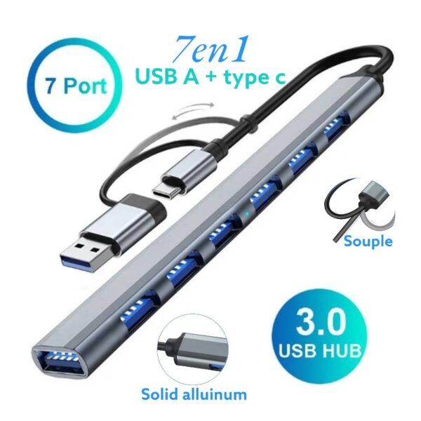 2EN1 محول المحور C 7 في 1 USB 3.0 & USB من النوع C متعدد المنافذ مقابل USB 3.0 & المنافذ USB-C MacBook/الهاتف الذكي/الكمبيوتر اللوحي