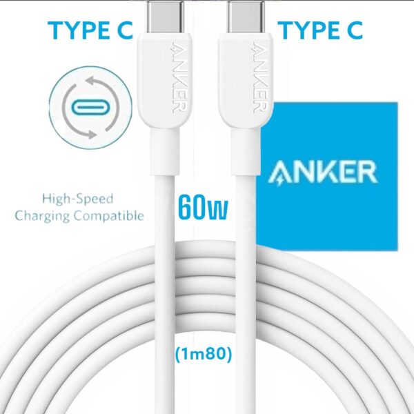 Câble Anker 310 USB-C vers USB-C 60w max – (1m80) Blanc original
