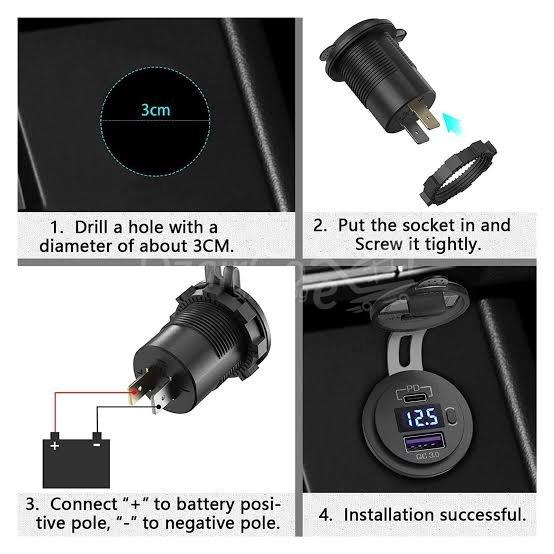 1000011222.jpg Chargeur auto intégré double USB À+type c avec interrupteur, voltmètre LED, camion, moto, bus,bateau , 36w, PD Type C, QC 3.0, 12V, 24V – Image 7