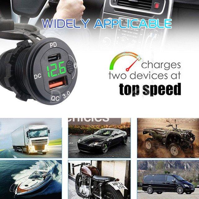1000011223.jpg Chargeur auto intégré double USB À+type c avec interrupteur, voltmètre LED, camion, moto, bus,bateau , 36w, PD Type C, QC 3.0, 12V, 24V – Image 3