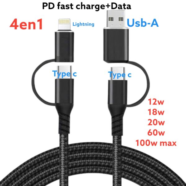 câble 4en1 fast charge et synchronisation original, lightning/Android/type c / USB a