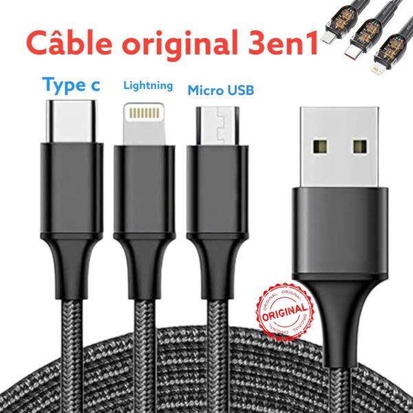 كابل شحن متعدد 3 في 1 نوع الشريحة الذكية الأصلية C/Lightning/Micro USB شحن سريع