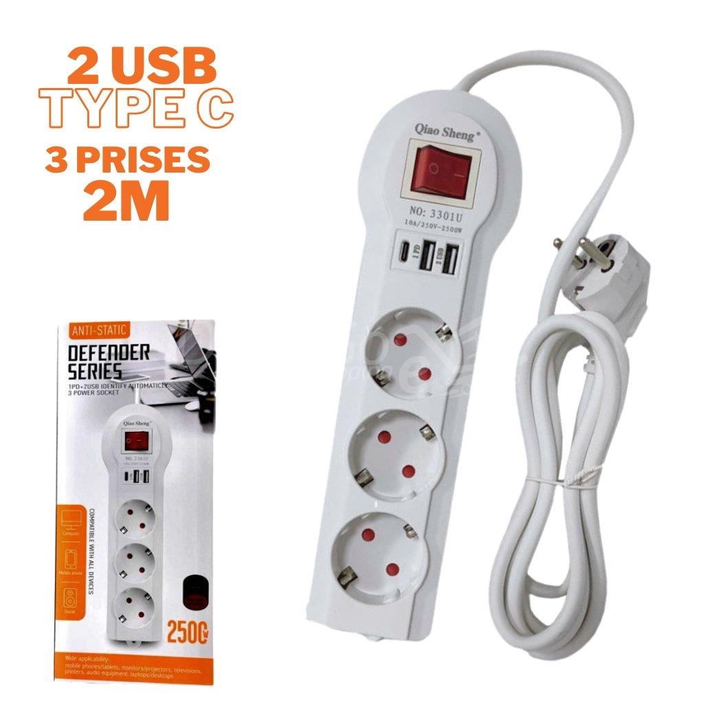 10000قطاjpgالطاقة المقابس والنوع C مع Multiprise 3 prises et Type C avec 2 USB 2 m Blanc 3301U - الصورة 1
