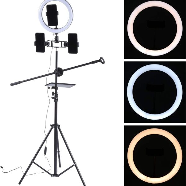 Ring light pro LED avec trépied, lumens 8400 pour selfie et 2 support smartphone et table lampe de remplissage réglable en 3 couleurs