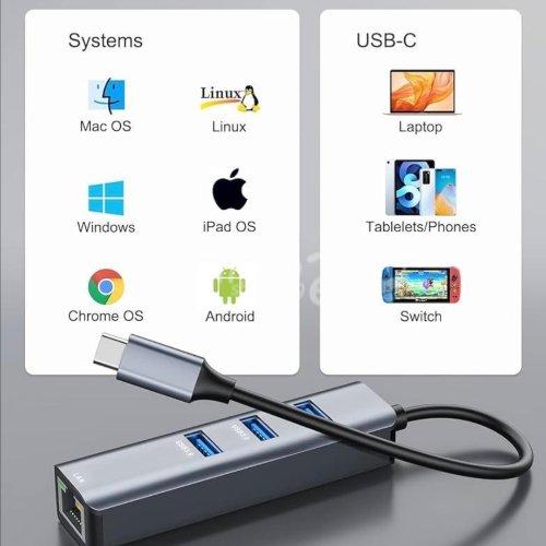 1000015090.jpg Adaptateur Type-C USB 3.1 vers USB 3.0 3 port avec RJ45 100 Mbps 1000 Mbps Gigabit carte réseau aluminium – Image 3