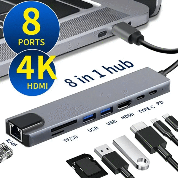 محول HUB 8en1 USB-C type-c إلى HDMI 8k /RJ45/2*Type-C/SD/Micro SD/2*USB 3.0 ماك بوك