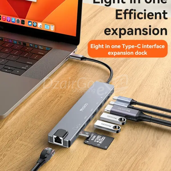 IMG_4336-2ة Yesido Hub Adapteur 8en1-Type C Vers 2x Ports USB3.0-Type-C-Mini DP 100W-HDMI-Port RJ45-TF/SD-HB27 Station Yesido Hub Adapteur 8en1 – Type C vers 2x ports USB3.0 – Type-C – Mini DP 100w – HDMI – port RJ45 – TF/SD – HB27 - الصورة 5
