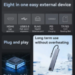 محطة Yesido Hub Adapteur 8en1-Type C Vers 2x Ports USB3.0-Type-C-Mini DP 100W-HDMI-Port RJ45-TF/SD-HB27 - الصورة 8