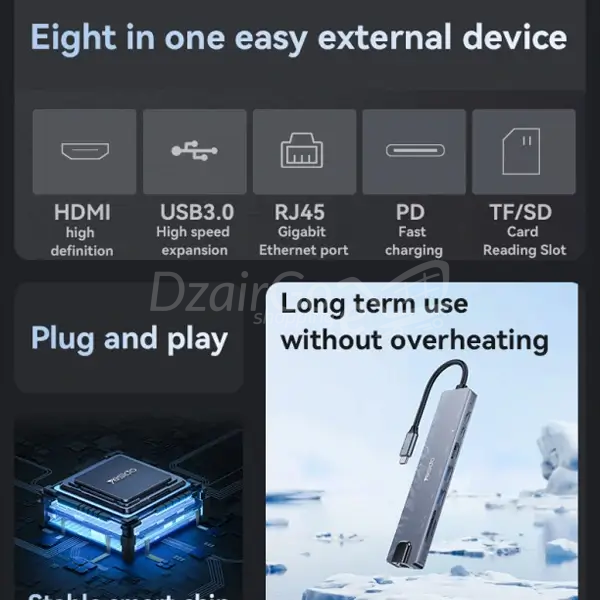 IMG_4338-2ة Yesido Hub Adapteur 8en1-Type C Vers 2x Ports USB3.0-Type-C-Mini DP 100W-HDMI-Port RJ45-TF/SD-HB27 Station Yesido Hub Adapteur 8en1 – Type C vers 2x ports USB3.0 – Type-C – Mini DP 100w – HDMI – port RJ45 – TF/SD – HB27 - الصورة 8