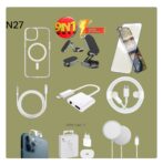 Pack promo 9en1 N27 / support auto magnetic / coque MagSafe transparente/ incassable en verre/ câble auxiliaire Lightning/ adaptateur 2en1 iPhone auxiliaire/ câble iPhone type c / protection caméra/ chargeur 20w type c / chargeur MagSafe sans fil 15w Apple