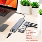 محطة Yesido Hub Adapteur 8en1-Type C Vers 2x Ports USB3.0-Type-C-Mini DP 100W-HDMI-Port RJ45-TF/SD-HB27 - الصورة 2