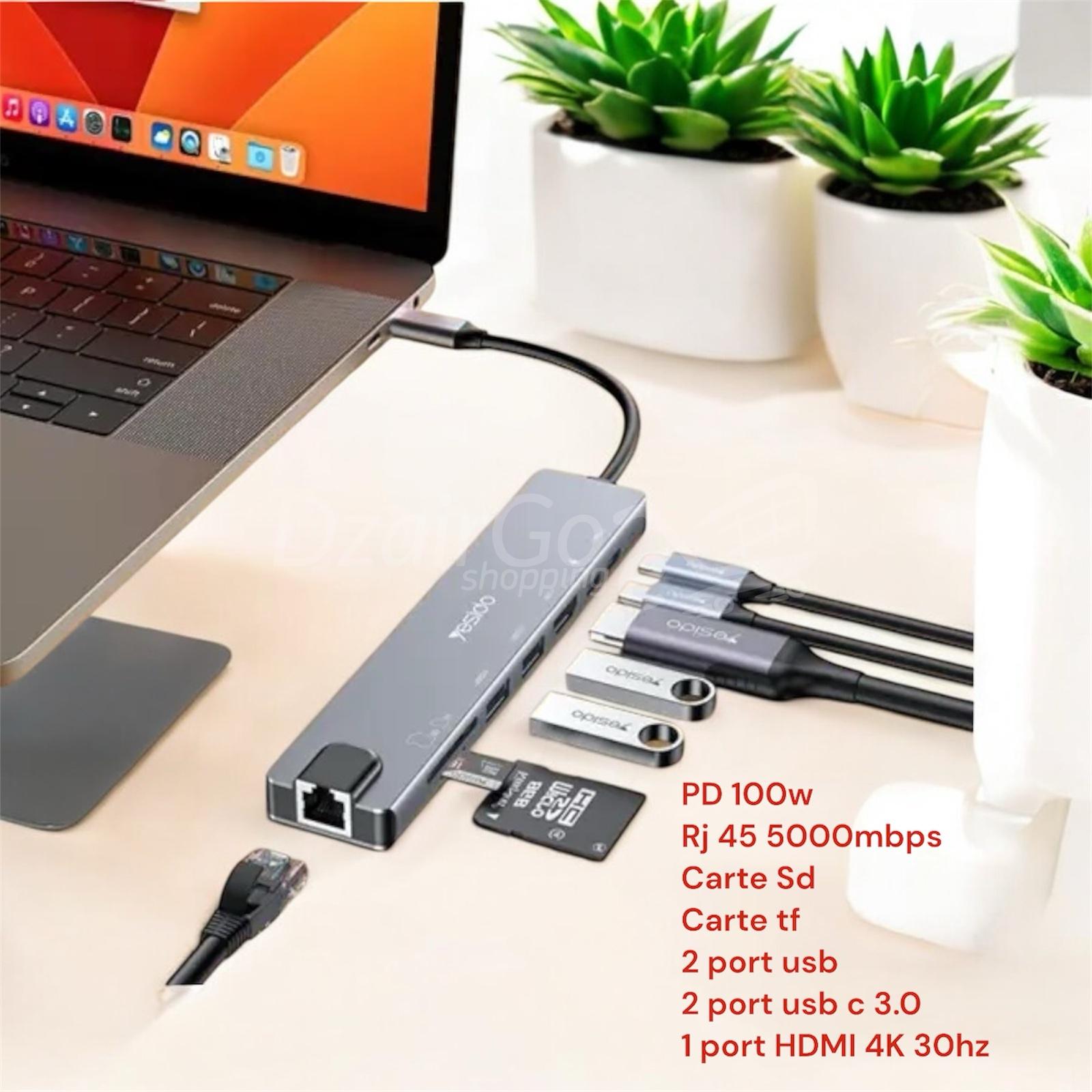 photoroom_20250303_003858Adapteur 8en1-Type C Vers 2x Ports USB3.0-Type-C-Mini DP 100W-HDMI-Port RJ45-TF/SD-HB27 Station Yesido Hub Adapteur 8en1 – Type C vers 2x ports USB3.0 – Type-C – Mini DP 100w – HDMI – port RJ45 – TF/SD – HB27 - الصورة 2