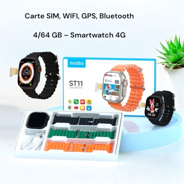 Modio 4G ST11 4/64 GB – Smartwatch 4G avec Carte SIM, WIFI, GPS, Bluetooth
