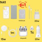 Pack prom 9en1 N41 luxe Apple / coque MagSafe transparente/ incassable en verre HD/ Powerbank MagSafe 5000mah / chargeur sans fil MagSafe 15w / câble auxiliaire/ airpod3 / chargeur auto fast type c 20w / chargeur domicile 20w