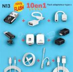 Pack promo 10en1 N13 adaptateur type c ,OTG ,auxiliaire 10solution