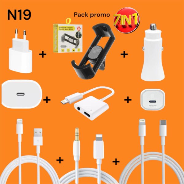 Pack Promo 7en1 N19 / Chargeur iPhone Type C / دعم تكييف الهواء التلقائي /2en1 محول iPhone / نوع iPhone C و USB A /Auxiliary iPhone /Auto Cable T Type C