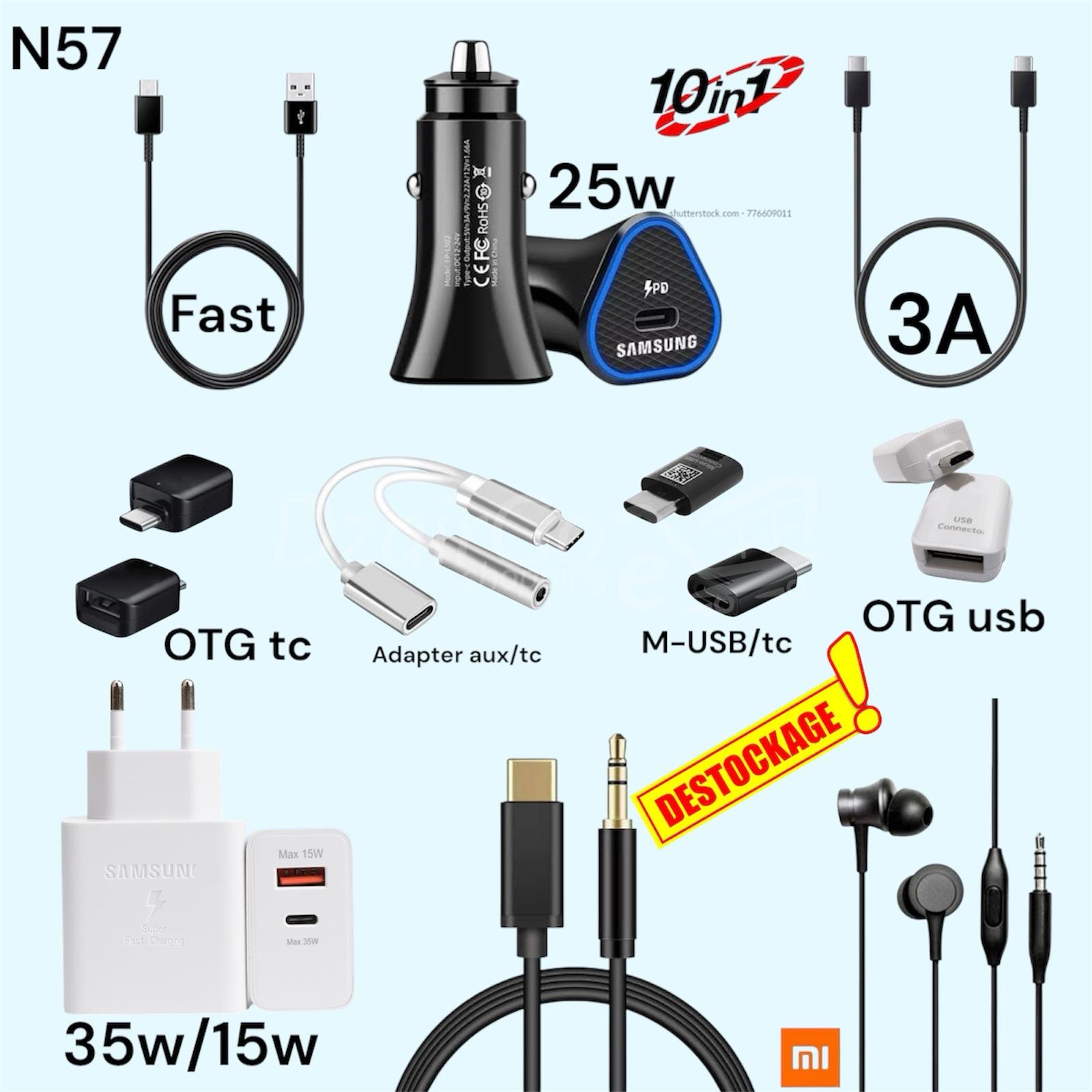 photoroom_20250402_182758 Pack promo 10en1 N57 - cable fast type c/chargeur auto type c ultra rapid /cable tc-tc 3A /otg type c/otg micro usb / adaptateur type c aux / chargeur fast pd type c 15w 35w/ cable type c auxiliary/ kit main mi basic original – Image 1