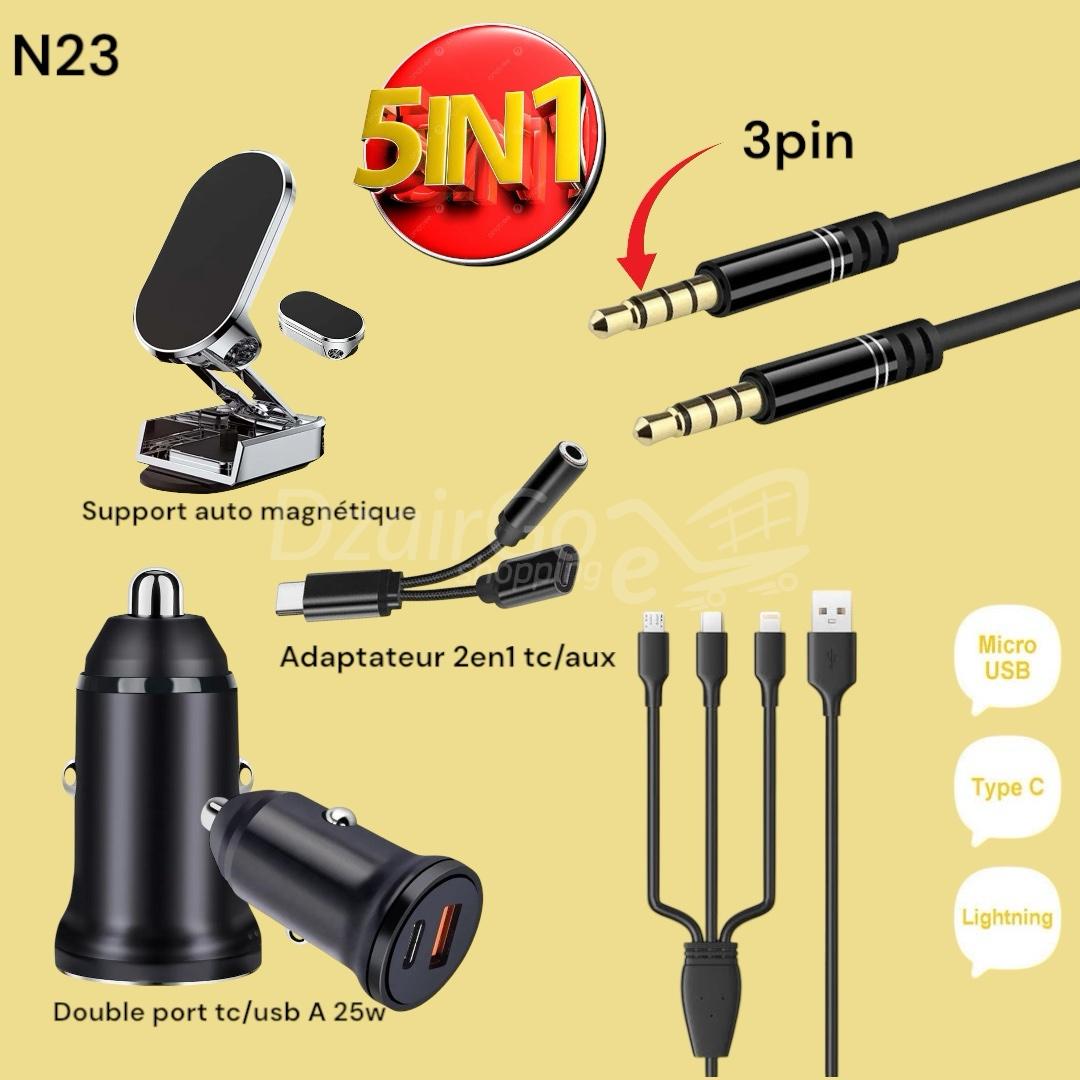 photoroom_20250402_190707 Pack promo 5en1 auto N23 support auto magnetic/ chargeur auto double port usb +type c / cable 3en1 type c-iPhone-micro sub / adaptateur 2en1 type c auxiliaire/câble auxiliaire 3 PIN – Image 1