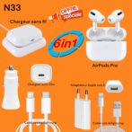 Pack Promo 6EN1 N33 / ايربودز برو / شاحن لاسلكي / نوع شاحن السيارة C/iPhone Charger/iPhone Cable TC/USB