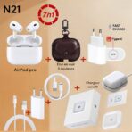 Pack promo 7en1 N21 AirPod pro USA / étuis cuir luxe  pour AirPod / chargeur iPhone usb c 20w/ câble lightning type c / chargeur iPhone 5w /cable iPhone usb A Lightning