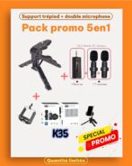 Pack promo 5en1 support trépied universel + double microphone sans fils Bluetooth auxiliaire