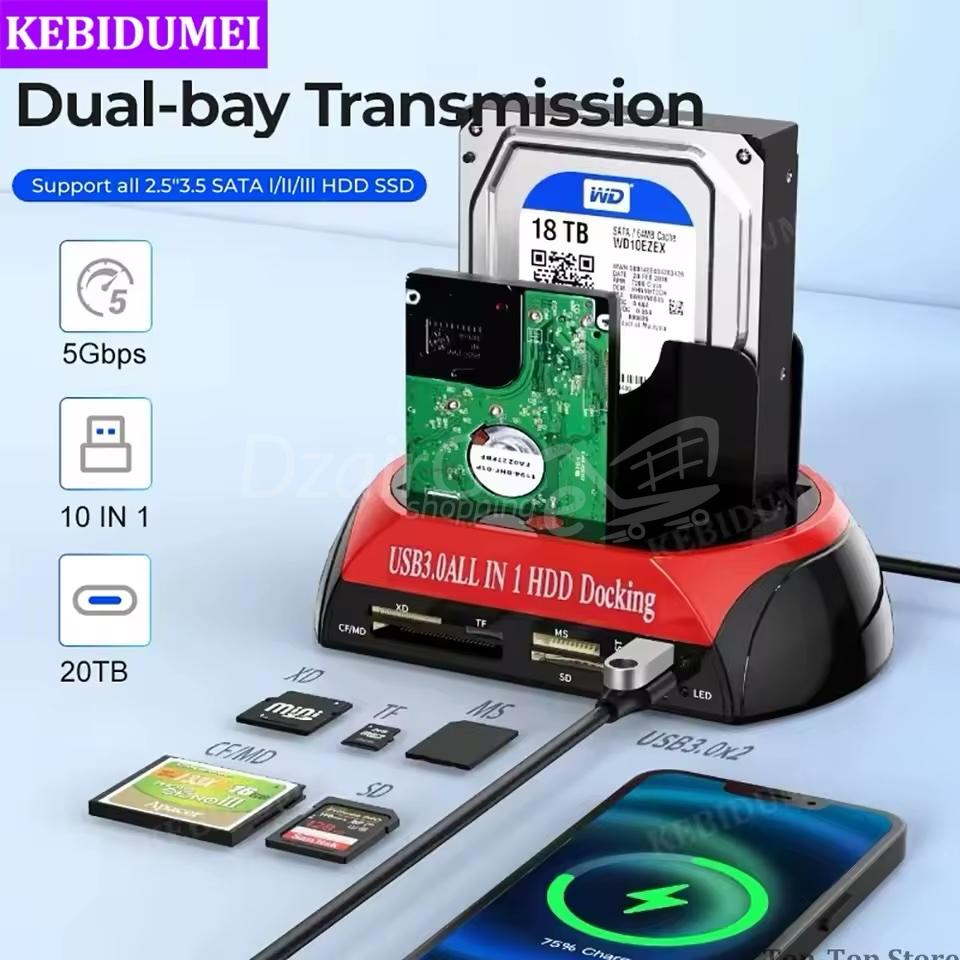 img_4731 Station d'accueil 10-en-1 à double baie USB 3.0 5 Gbit/s avec adaptateur secteur 12 V 3 A pour disques durs/SSD 2,5/3,5 pouces et cartes TF – Image 1