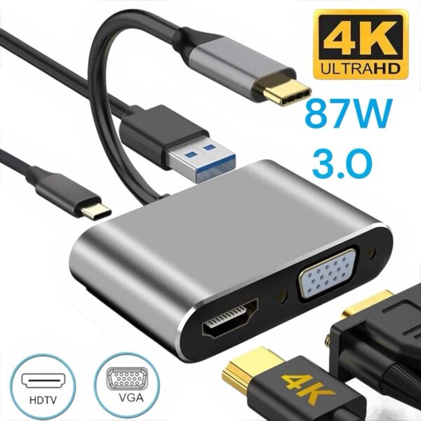 محول 4en1 يدعم 4K Type-C إلى HDMI / VGA / النوع-C / USB 3.0