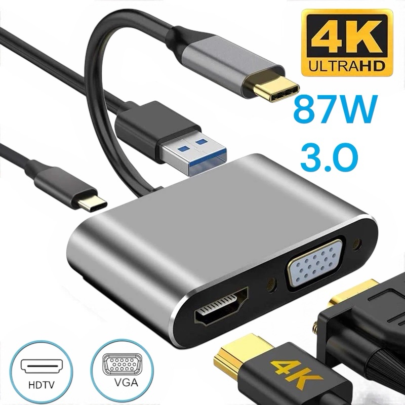 photoroom_20260304_015856 Adaptateur 4en1 Support 4K Type-C to HDMI / VGA / Type-C / USB 3.0 – Image 1