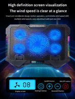 Support de refroidissement pour ordinateur portable S500 - 5 ventilateurs LED bleus RGB avec SUPPORT telephone /laptop – Image 7