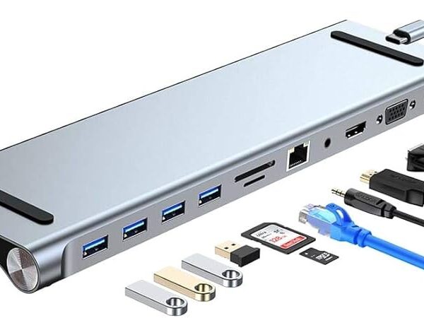 Station de charge USB Type-C 11-en-1 Cable pour MacBook Pro en aluminium avec Ethernet Gigabit, HDMI, VGA, microphone, audio et lecteur de cartes SD/TF
