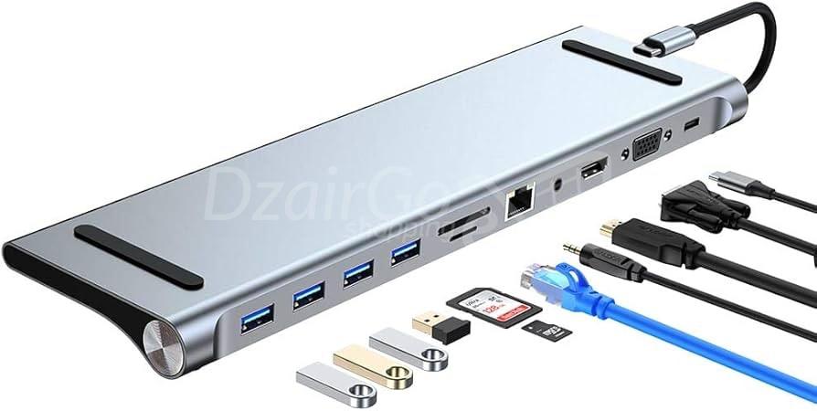 img_1380 Station de charge USB Type-C 11-en-1 Cable pour MacBook Pro en aluminium avec Ethernet Gigabit, HDMI, VGA, microphone, audio et lecteur de cartes SD/TF – Image 1