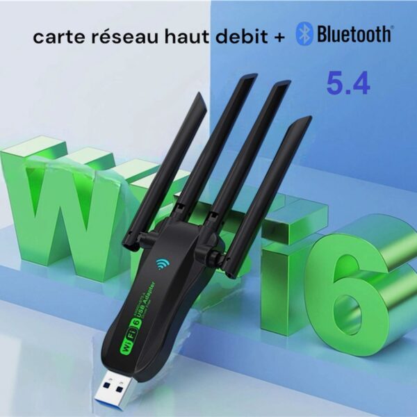 Adaptateur Wi-Fi 6 et Bluetooth 5.4 double bande USB pour ordinateur, carte réseau haut debit