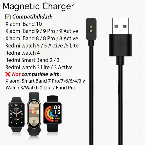 Chargeur pour Xiaomi Mi Band 10/9/9 Pro/9 Active/8/8 Pro/8 Active et pour Redmi Watch 5/5 Active/5 Lite/4/3 Lite/3 Active/Smart Band 2/3 ; câbles adaptateurs USB de remplacement