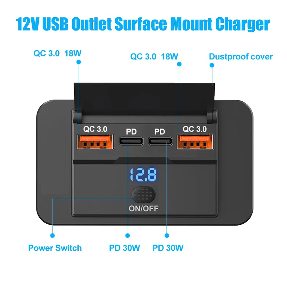 img_4144 prise de chargeur de voiture à 4 ports 12 V/24 V avec double port USB et charge rapide QC3.0 PD, compatible avec voitures, bus, camping-cars et camions. – Image 3