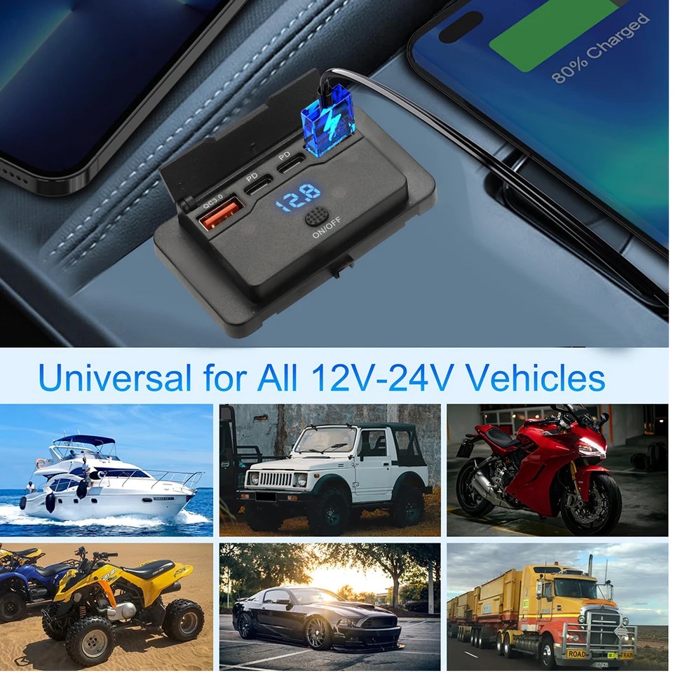 img_4148 prise de chargeur de voiture à 4 ports 12 V/24 V avec double port USB et charge rapide QC3.0 PD, compatible avec voitures, bus, camping-cars et camions. – Image 2