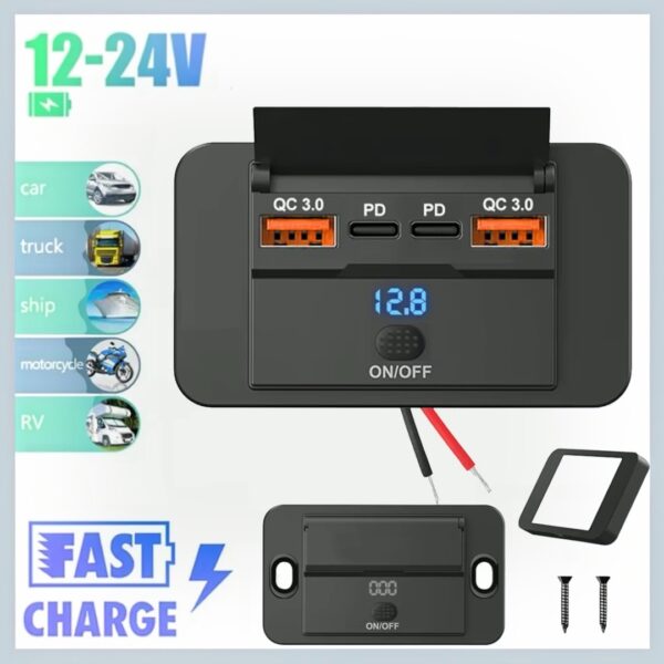 prise de chargeur de voiture à 4 ports 12 V/24 V avec double port USB et charge rapide QC3.0 PD, compatible avec voitures, bus, camping-cars et camions.